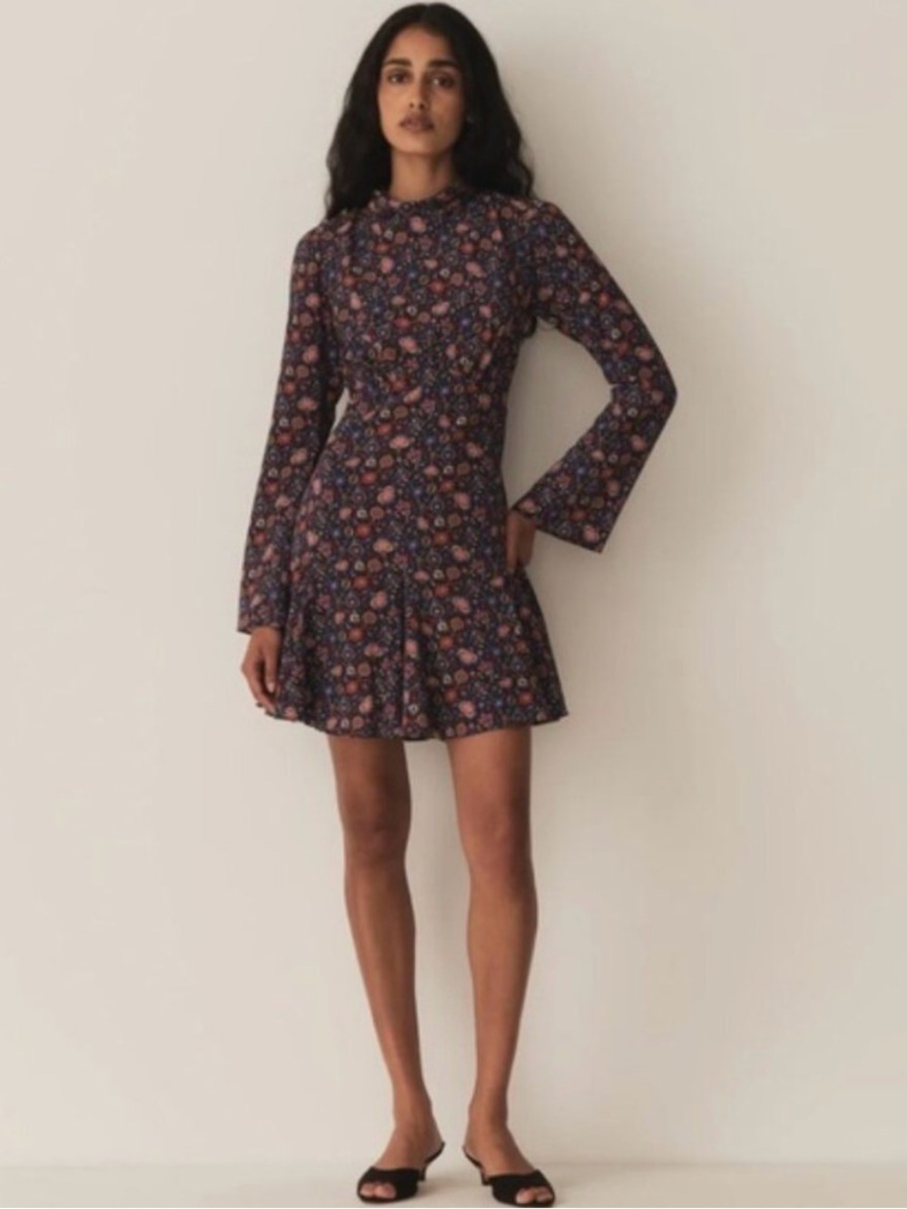 Doen Long-Sleeve silk Navy Floral Mini Dress with Pink Accents